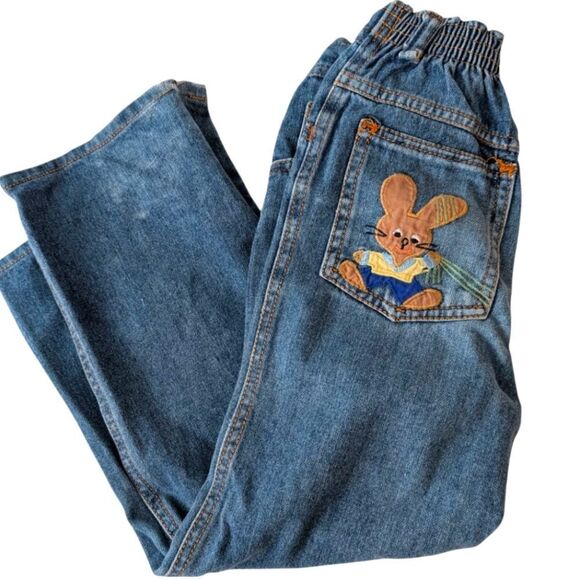 Vintage Girls Embroidered Bunny & Balloons Blue Denim Jeans Size 6 - Picture 1 of 8